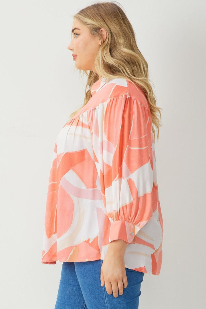 Coral Multi Print Collared Button Up Blouse